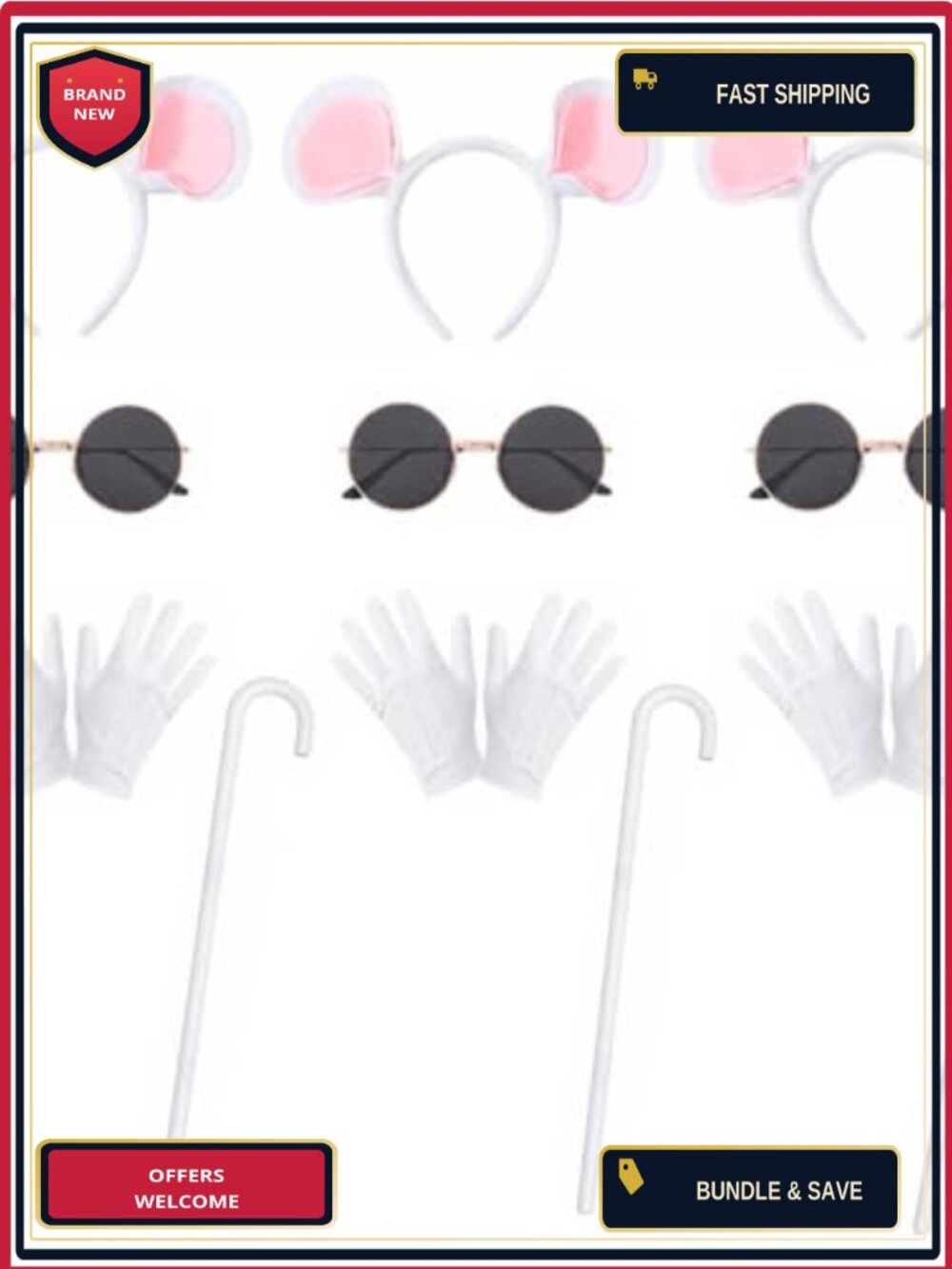 Mouse Costume Accessory Set Ears Headband Blind Cane White Gloves Sunglasses